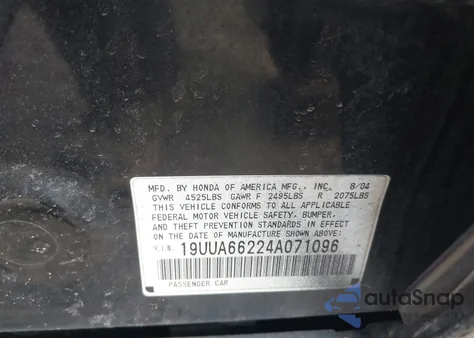 2004 Acura Tl z USA, uszkodzony, nr VIN 19UUA66224A071096